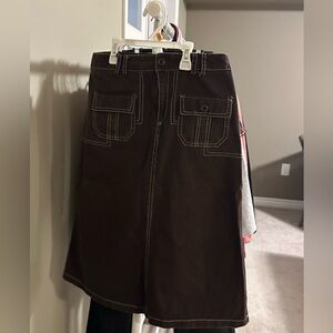 Dark Brown Utility A-Line Skirt with Contrast Stitching